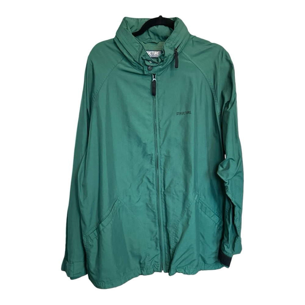 Structure Mens Size XL Zip Up Jacket Green Hidden Hood Adjustable Very Nice